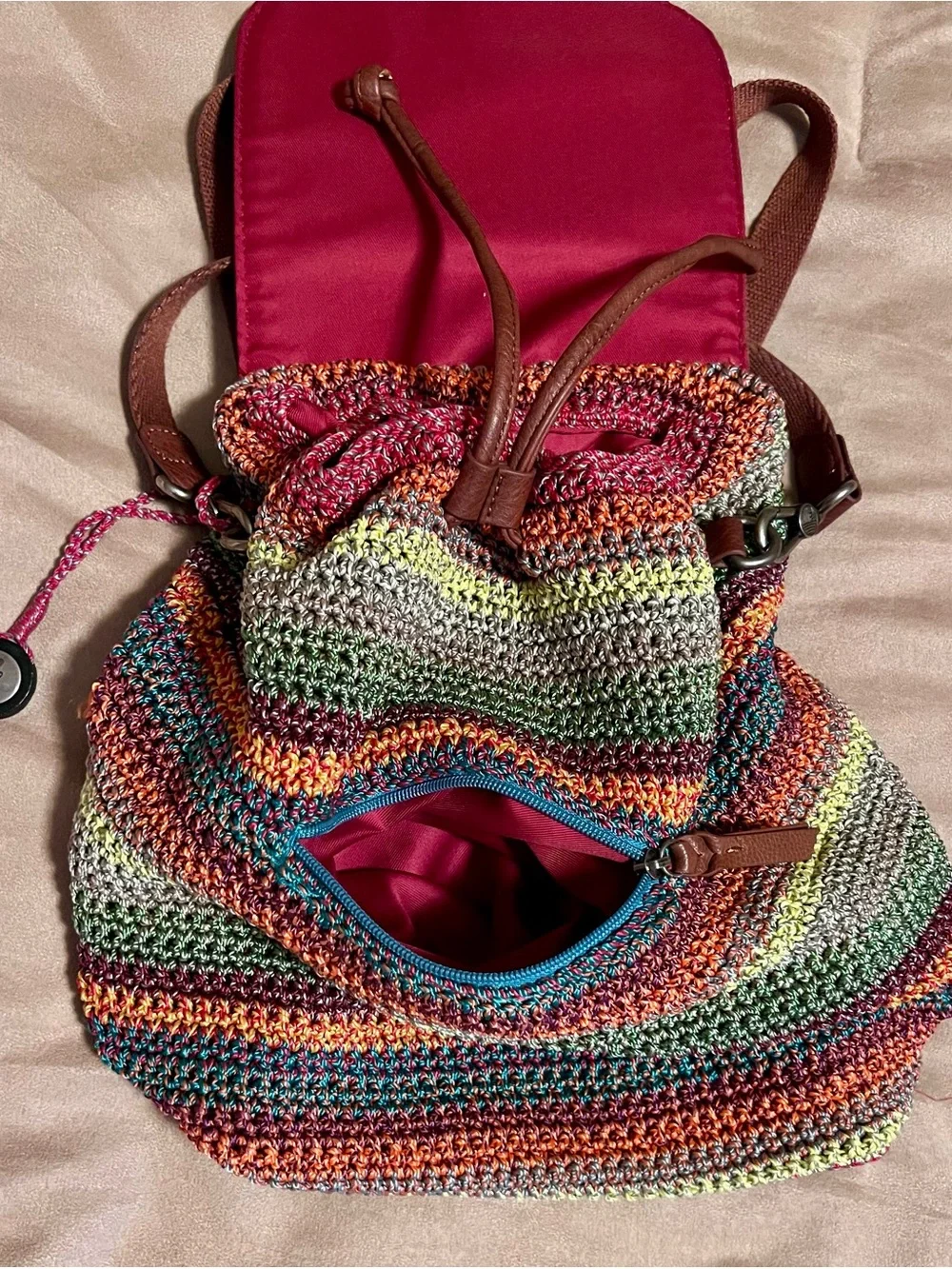The Sak Avalon Brown & Multicolor Crochet Backpack with Patterned Strap
